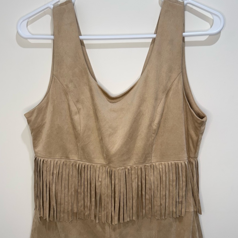 Chelsea & Violet Tan Faux Suede Fringe Sleeveless Mini Dress Size S NWT - Picture 2 of 10